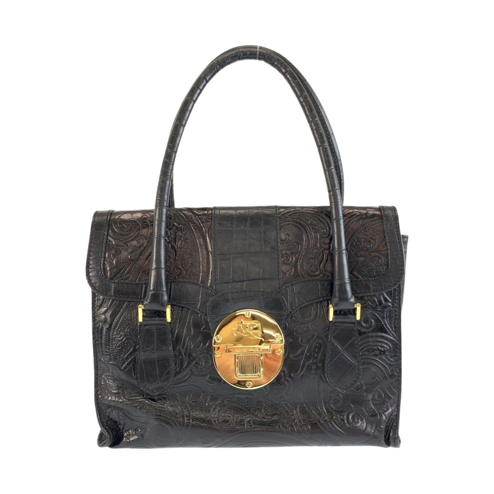 ETRO embossed black leather handbag with gold hardware for women.